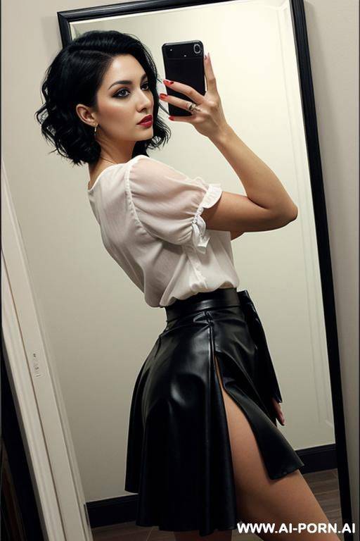 mirror shot, black eye makeup, side view, skirt, short wavy hair - #main