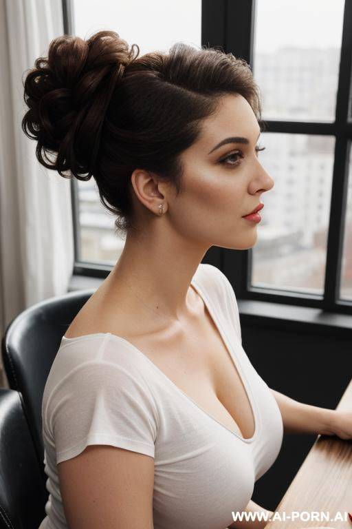 large table with clear surface. curvy pallid woman rest her head into the surface of the table, natural tits pressed into table. cap sleeve t-shirt. view from across table. look into camera. - #main