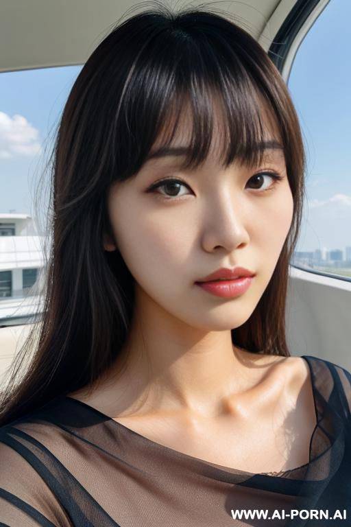 pov, (close up face:1.1), (hair length:1.0), bangs, staring, fashionable clothes, cloudless sky - #main