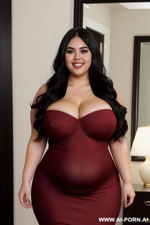 mexican, very plump bbw, extra thicc, bbw hips, pear shaped, hot, dimples, face, tight red dress, long black hair, eyeliner - #main