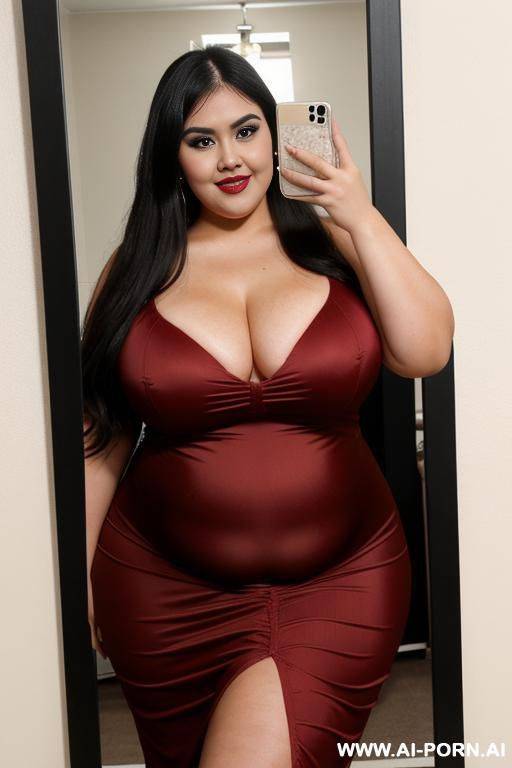 rotund, ssbbw wide, mexican, very plump bbw, extra thicc, bbw hips, pear shaped, hot, dimples, face, tight red dress, long black hair, eyeliner - #main