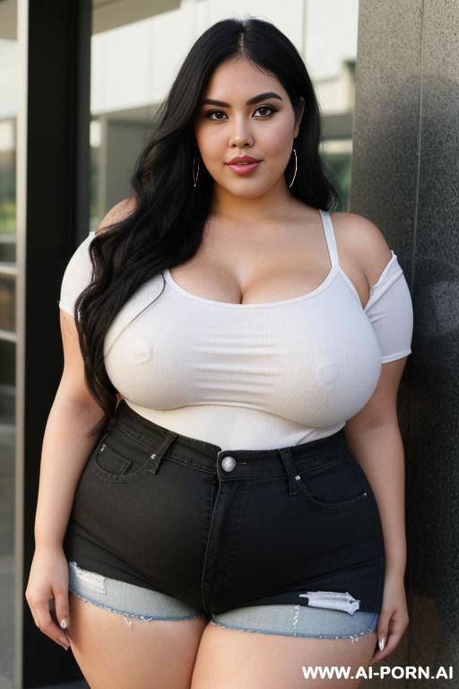 mexican, very plump bbw, extra thicc, bbw hips, pear shaped, hot, dimples, face, high rise jean shorts, long black hair - #main