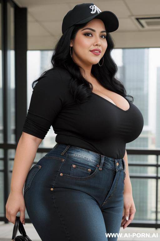 mexican, extra thicc, bbw hips, pear shaped, hot, dimples, face, high rise jeans, baseball cap, long black hair - #main