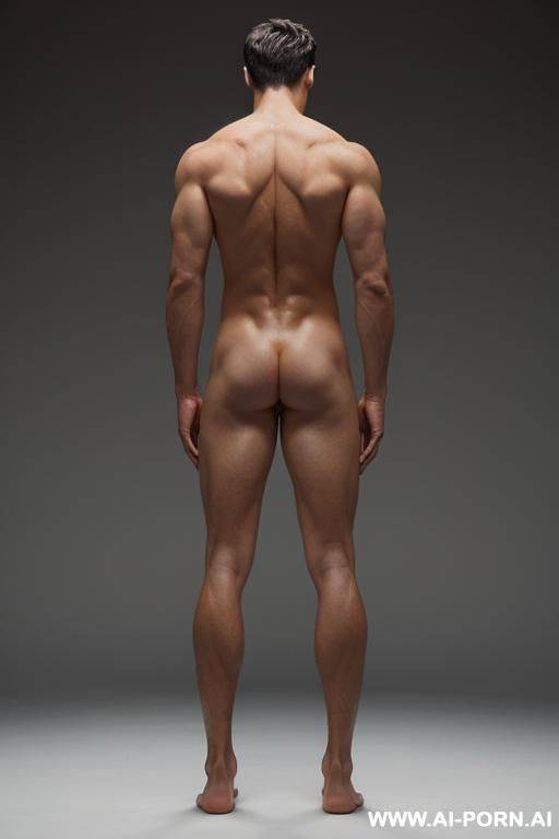 create an image with the following data: two male bodies, fit bodies, naked, full body view, standing, one man seen from the front, the other man from behind, anatomy clearly visible - #main