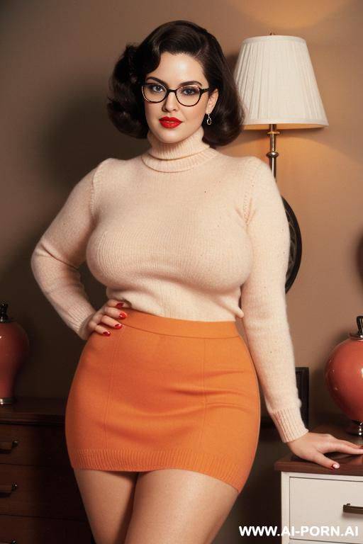 cutie babe face, pink lips. vintage retro. slightly curvy body. huge natural boobs. short. hippie. short, brown, natural, slightly messy hair. orange turtleneck sweater. red skirt. black glasses. - #main