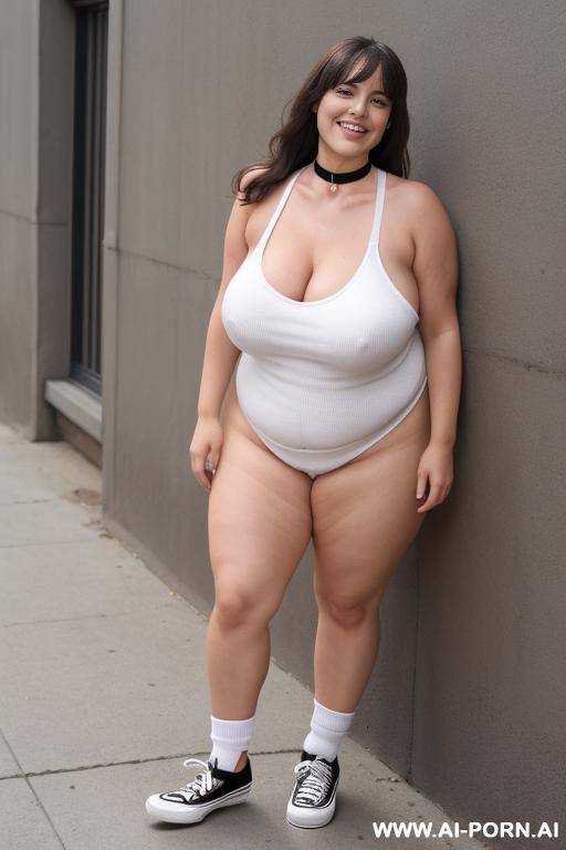 nude fat woman standing naked in (black vans sneakers), white ankle socks, (thick metal choker), pubic hair, brunette, smiling, big boobs, fair skin - #main