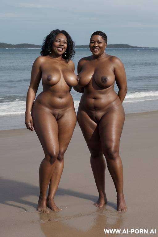 ebony woman, (((totally naked))), (((topless))), standing in front, on a beach, (((standing with her husband))), curvy, body, gray hair, bottomheavy, big, ass, massive, woman, pov, embarressed - #main