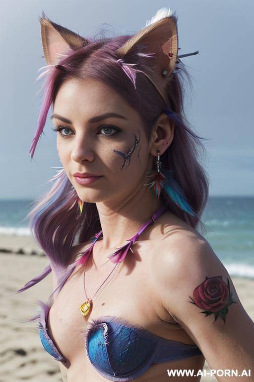 face, ((sexy)), beautiful, ((percing nose)), ((face painting)), ((bikini as seashell)), ((tattoo roses)), ((eyes shw)), ((angel wings)), ((rainbow hair)), ((one rose in hair) ((long bu hair)), ((wind)), - #main
