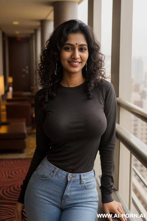 hotel balcony in manhattan, ((crew neck shirt)), crew neck long sleeve black shirt, photorealistic, indian ((perky breasts)), ((busty)), (perfect boobs), dark complexion, (ultra detailed photo), (hyper realistic photo) - #main