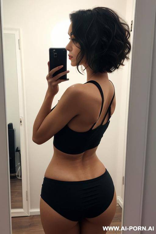 mirror shot, bent down, short wavy hair, side view, ass, dense eye makeup, eye contacr, tank top - #main