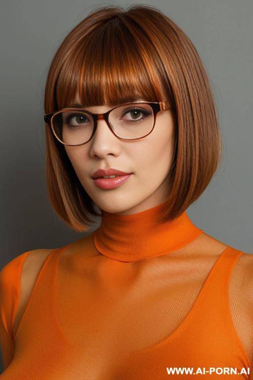 brown short bob with bangs hair, glasses, full body view - #main