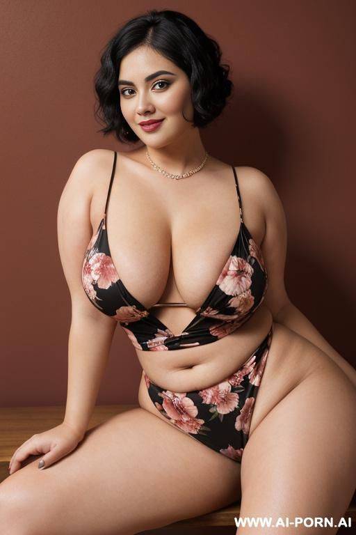 (wide chest and wide waist), (busty), (beautiful wide face), (round chin), bimbo, toned plump body ((full body view)), sitting on table, leaning back on red wall with floral prints, - #main