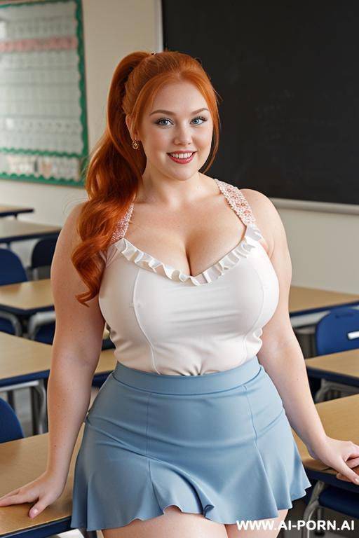 close up half body photo shot, about at classroom, chubby redhead fat bbw curvy teacher, wearing a sexy and hot micro ruffle skirt, ((elegant top)), teaching to the classroom, ((bodybuilder)) - #main