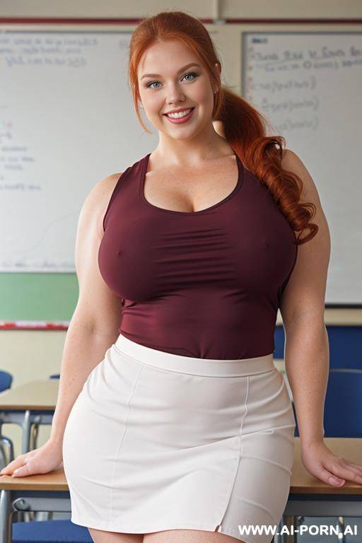 close up half body photo shot, about at classroom, chubby redhead fat bbw curvy teacher, wearing a sexy and hot micro ruffle skirt, ((elegant top)), teaching to the classroom, ((bodybuilder)), (((biceps))) - #main