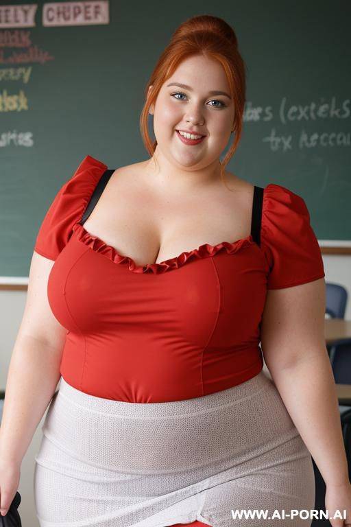 close up half body photo shot, about at classroom, chubby redhead fat bbw curvy teacher, wearing a sexy and hot micro red ruffle skirt, ((elegant top)), teaching to the classroom. - #main