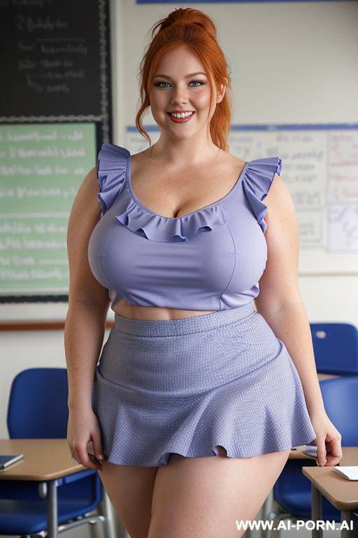 close up half body photo shot, about at classroom, chubby redhead fat bbw curvy teacher, wearing a sexy and hot micro ruffle skirt, ((elegant top)), teaching to the classroom, (bodybuilder) - #main