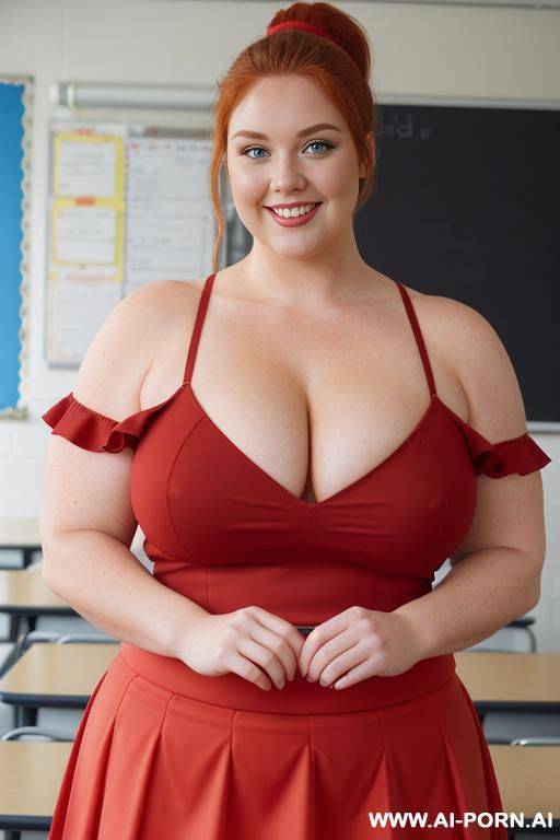 close up half body photo shot, about at classroom, chubby redhead fat bbw curvy teacher, wearing a sexy and hot micro red ruffle skirt, ((elegant top)), teaching to the classroom, bodybuilder - #main