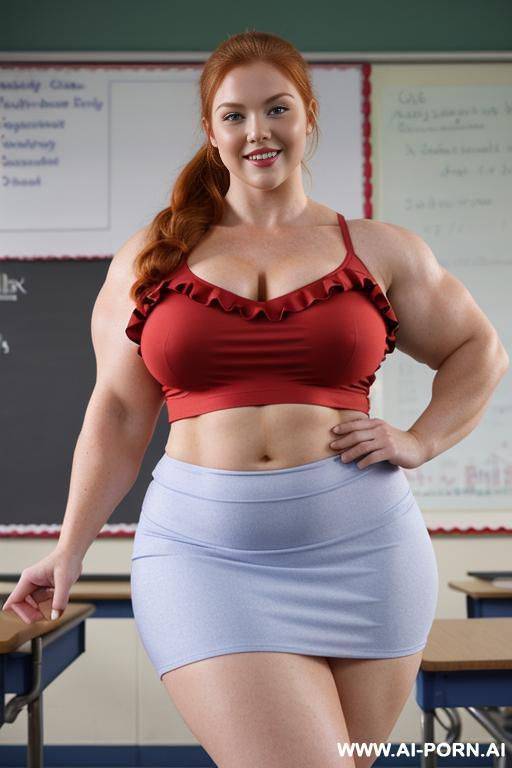 close up full body photo shot, about at classroom, chubby redhead fat bbw curvy teacher, wearing a sexy and hot micro ruffle skirt, ((elegant top)), teaching to the classroom, ((bodybuilder)), (((flexing biceps))) - #main