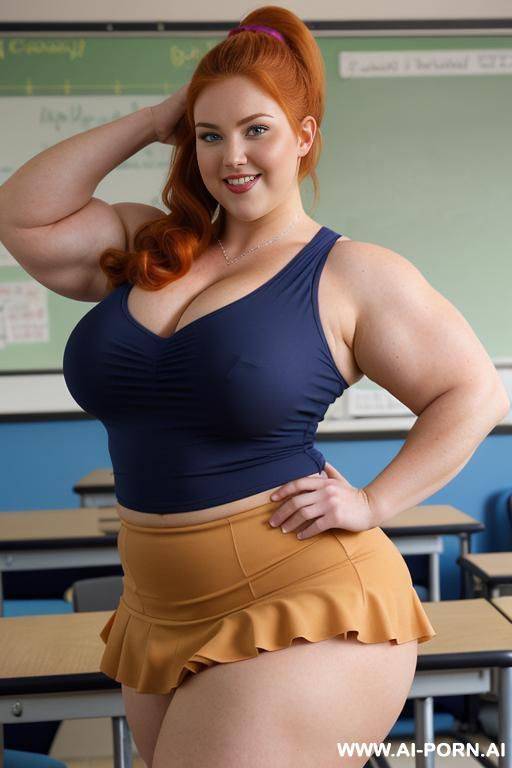 close up full body photo shot, about at classroom, chubby redhead fat bbw curvy teacher, wearing a sexy and hot micro ruffle skirt, ((elegant top)), teaching to the classroom, ((bodybuilder)), (((flexing biceps))), ((hands behind head)) - #main