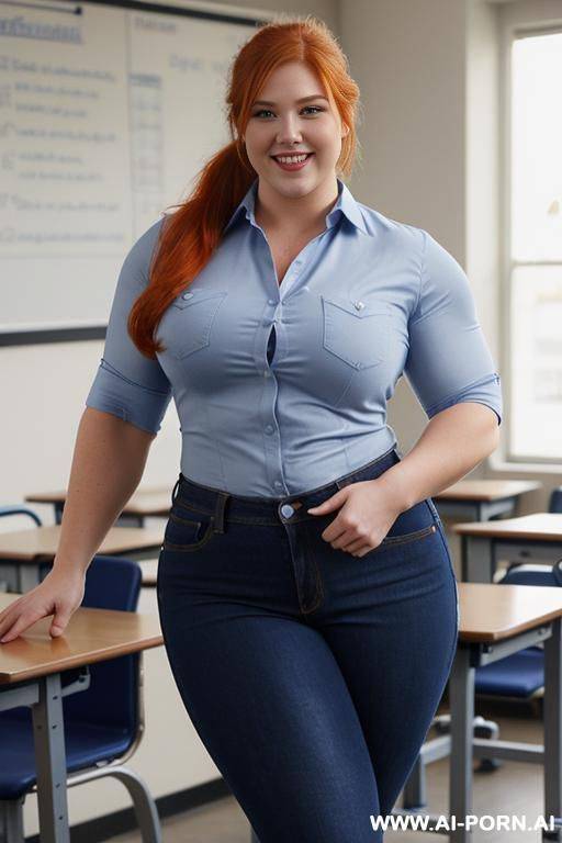 full body photo shot, about at classroom, beautiful chubby redhead curvy teacher, jeans, ((elegant shirt)), teaching to the classroom, ((bodybuilder)), ((biceps)), - #main