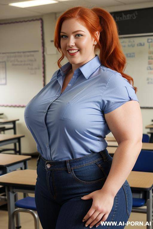 full body photo shot, about at classroom, chubby redhead fat bbw curvy teacher, jeans, ((elegant shirt)), teaching to the classroom, ((bodybuilder)), ((biceps)), - #main