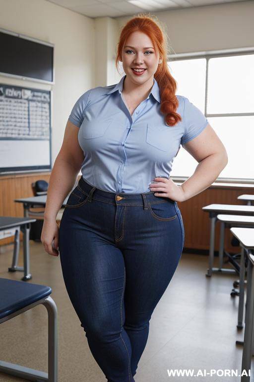 full body photo shot, about at classroom, chubby redhead bbw curvy teacher, jeans, ((elegant shirt)), teaching to the classroom, ((bodybuilder)), ((biceps)), - #main