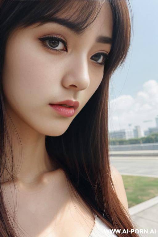 pov, front view, directly opposite, (close up face:1.2), kawaii, pretty, beautiful hair, (hair length:1.0), bangs, staring, serious face, fashionable clothes, outdoor, cloudless sky - #main