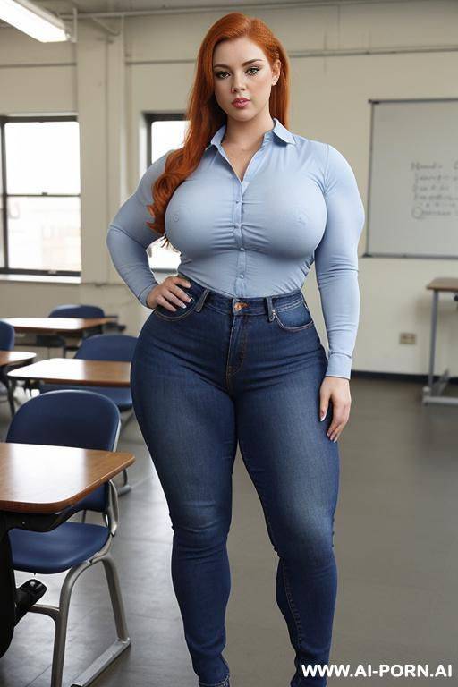 full body photo shot, about at classroom, ((large eyes, eye contact)), beautiful redhead curvy teacher, (light blue jeans), ((elegant oversized long sleeved shirt)), teaching to the classroom, ((bodybuilder)), ((biceps)), narrow waist - #main
