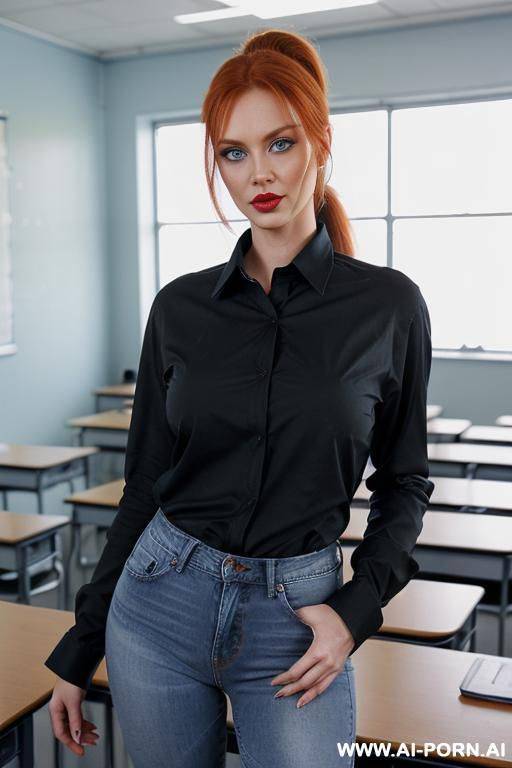 full body photo shot, about at classroom, ((large eyes, eye contact)), beautiful redhead teacher, (light blue jeans), ((elegant oversized long sleeved black shirt)), teaching to the classroom, narrow waist - #main