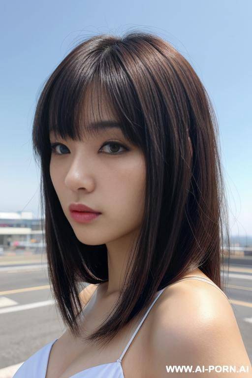 pov, front view, directly opposite, (close up face:1.3), kawaii, pretty, beautiful hair, (hair length:1.0), bangs, staring, serious face, fashionable clothes, outdoor, cloudless sky - #main