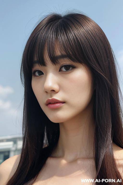 pov, directly opposite, (close up face:1.2), kawaii, pretty, beautiful hair, (hair length:1.0), bangs, staring, serious face, fashionable clothes, outdoor, cloudless sky - #main