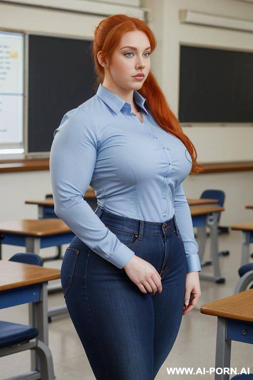 full body photo shot, about at classroom, beautiful chubby redhead curvy teacher, light blue jeans, ((elegant long sleeved shirt)), teaching to the classroom, ((bodybuilder)), ((biceps)), narrow waist - #main