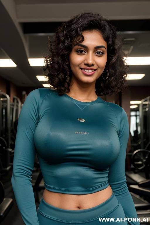 ((crew neck shirt)), crew neck long sleeve teal spandex shirt, photorealistic, indian ((perky breasts)), ((busty)), (perfect boobs), dark complexion, (ultra detailed photo), (hyper realistic photo) - #main