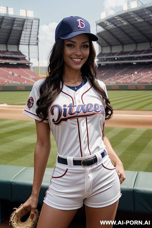 ultrarealistic, sexy woman, standing on a field in a stadium, wearing unbutonned baseball outfit, seductive smile, wet, caps on head with inscription "dices" - #main