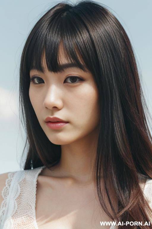 photograph, directly in front view, face and body facing ford, (close up face:1.3), kawaii, pretty, beautiful hair, (hair length:1.0), bangs, staring, serious face, fashionable clothes, outdoor, cloudless sky - #main