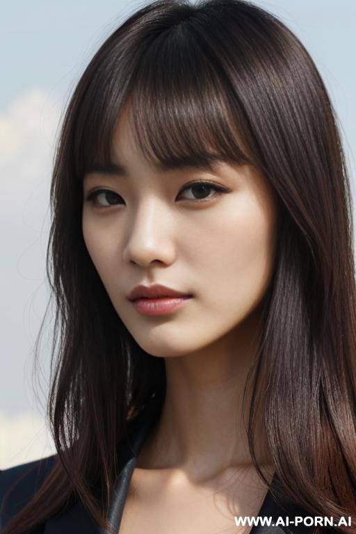 photograph, directly in front view, (close up face:1.3), perfect beauty, a peerless beauty, beautiful hair, (hair length:1.0), bangs, staring, serious face, fashionable clothes, outdoor, cloudless sky - #main