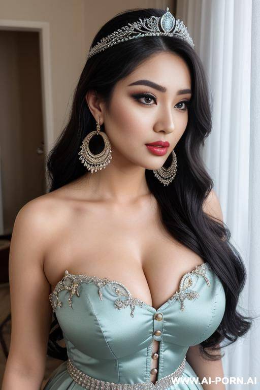 tiara, empress dress, kawaii, extremely pretty, makeup, full lips, button nose, ahegao, flowing hair, hoop earrings, big round boobs, tight waist, eye contact, looking at viewer - #main