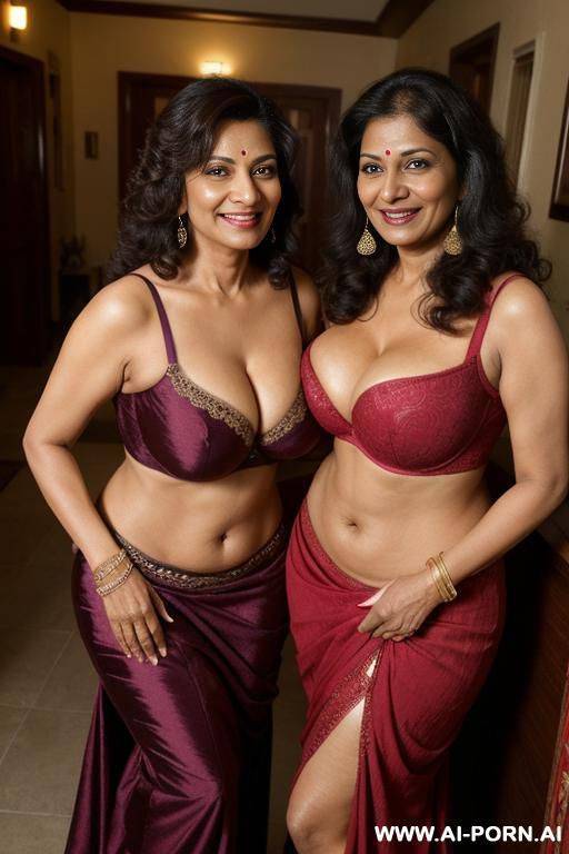 ((two mature cuckold lesbian indian women standing together smiling at the camera)), push up bra, photorealistic, indian ((perky breasts)), ((busty)), (perfect boobs), dark complexion, (ultra detailed - #main