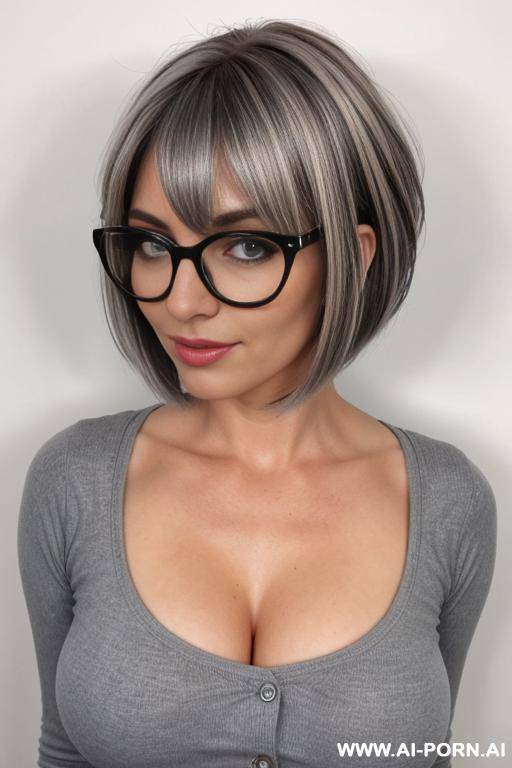 size 3 zoll, w 15 lbs, gray blue eyes, full body view from the front, hairstyle: short layered bob with many highlights big breasts, black glasses - #main