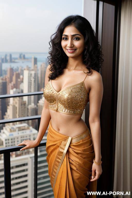standing in a fancy luxurious sky rise penthouse in manhattan, balcony, photorealistic, indian ((perky breasts)), ((busty)), (perfect boobs), dark complexion, (ultra detailed photo), (hyper realistic photo) - #main