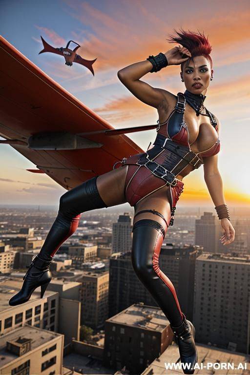 dark black woman. toned. bracelet, thigh chain. punk mohawk hairstyle with fully shaved sides. bulging oversized tits. leather shoulder pad. mad max. fallout. ruined city in background. holster. city ruins. very tanned skin. - #main