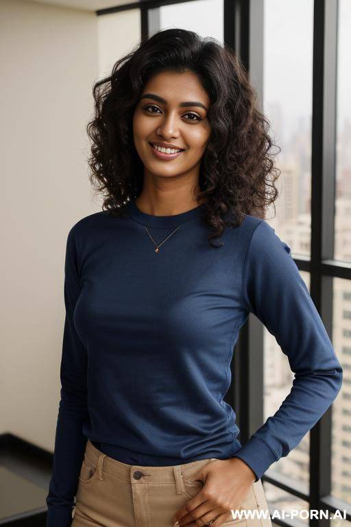 (((crew neck shirt))), long sleeve crew neck blue shirt , standing in a fancy luxurious sky rise penthouse in manhattan, photorealistic, dark complexion, (ultra detailed photo), (hyper realistic photo) - #main