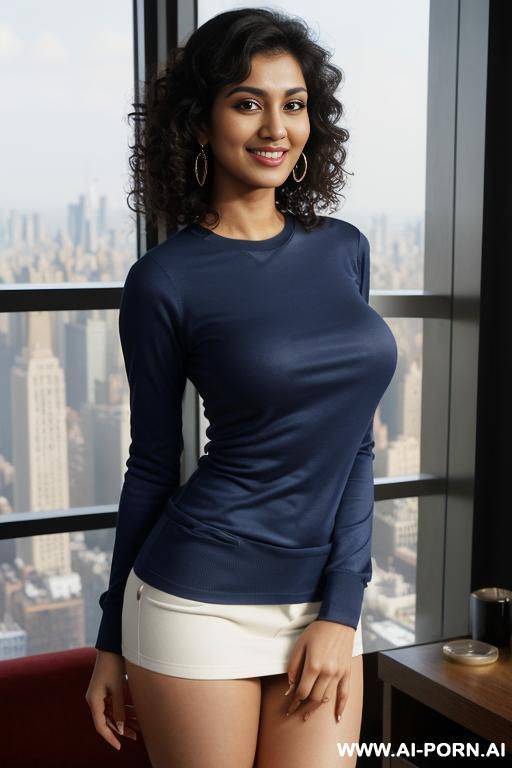 (((crew neck shirt))), long sleeve crew neck blue shirt , standing in a fancy luxurious sky rise penthouse in manhattan, photorealistic, indian ((perky breasts)), ((busty)), (perfect boobs), dark complexion, (ultra detailed photo), (hyper realistic photo) - #main