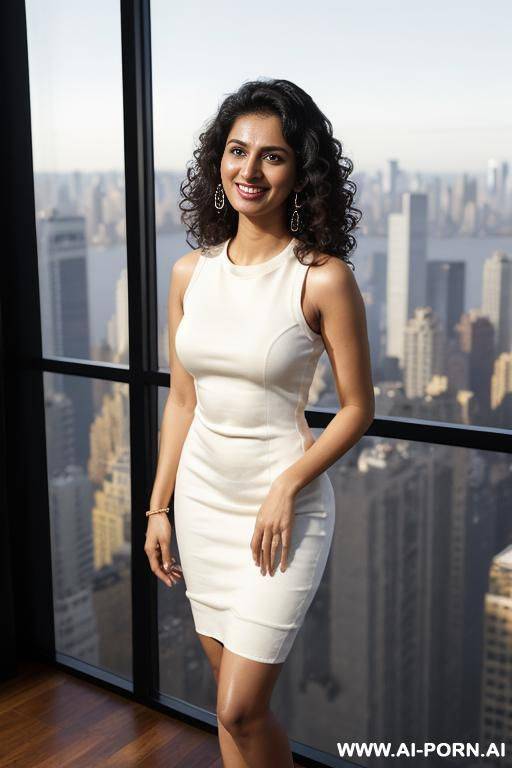 (((crew neck dress))), sleeveless crew neck satin white dress, standing in a fancy luxurious sky rise penthouse in manhattan, photorealistic, dark complexion, (ultra detailed photo), (hyper realistic photo) - #main