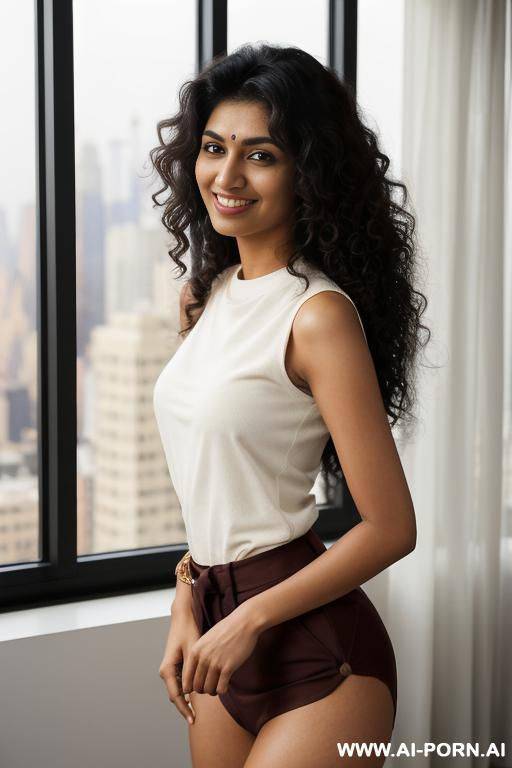 ((crew neck shirt)) , sleeveless crew neck white shirt, standing in a fancy luxurious sky rise penthouse in manhattan, photorealistic, dark complexion, (ultra detailed photo), (hyper realistic photo) - #main