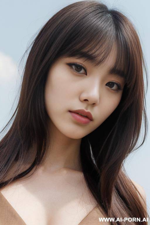 photograph, directly in front view, face and body facing ford, (close up face:1.3), perfect beauty, a peerless beauty, kawaii, pretty, beautiful hair, (hair length:1.0), bangs, staring, serious face, fashionable clothes, outdoor, cloudless sky - #main