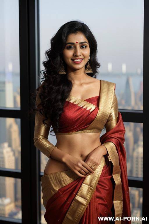fancy long sleeve crew neck purple sari, standing in a fancy luxurious sky rise penthouse in manhattan, photorealistic, dark complexion, (ultra detailed photo), (hyper realistic photo) - #main