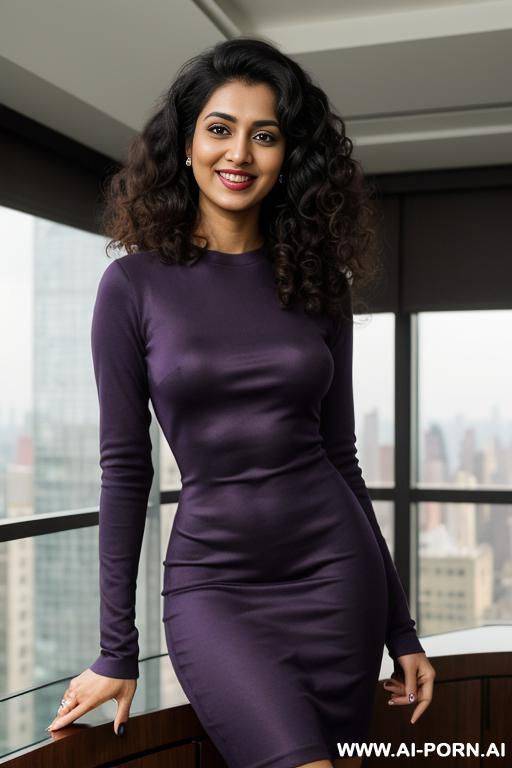 ((crew neck dress)), long sleeve crew neck purple dress, standing in a fancy luxurious sky rise penthouse in manhattan, photorealistic, busty, dark complexion, (ultra detailed photo), (hyper realistic photo) - #main
