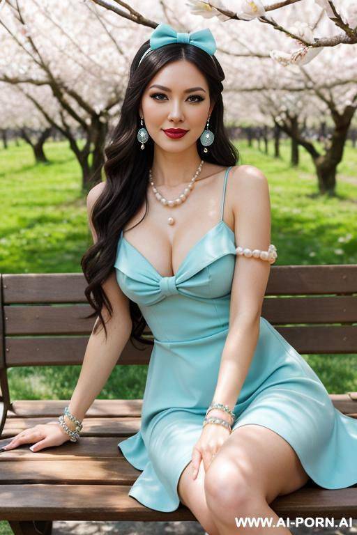 makeup, sexy smirk, pearl earrings, pearl pendant, hairband with bow, bracelets, cyan sun dress, sitting on bench - #main