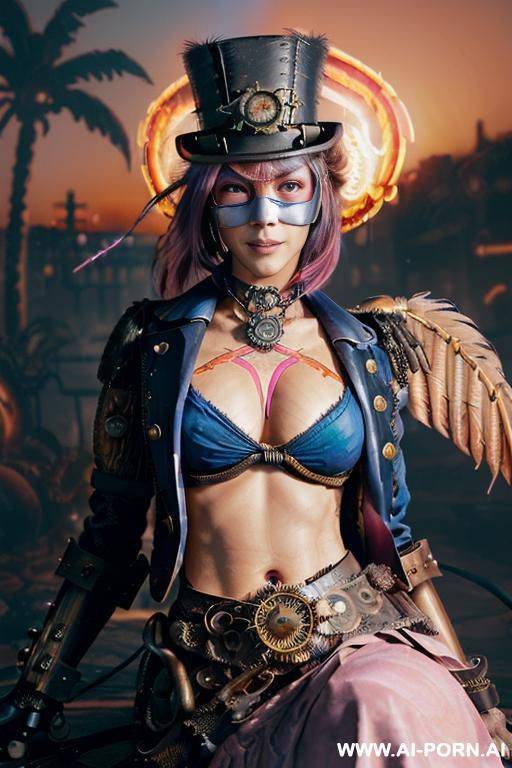 ((((masterpiece)))), (((woman sitting))), (glowing red eyes), (long blue purple and white hair with a flower), ((crop top white collar shirt with red tie)), ((((flaming angel wing)))), ((navy formal - #main